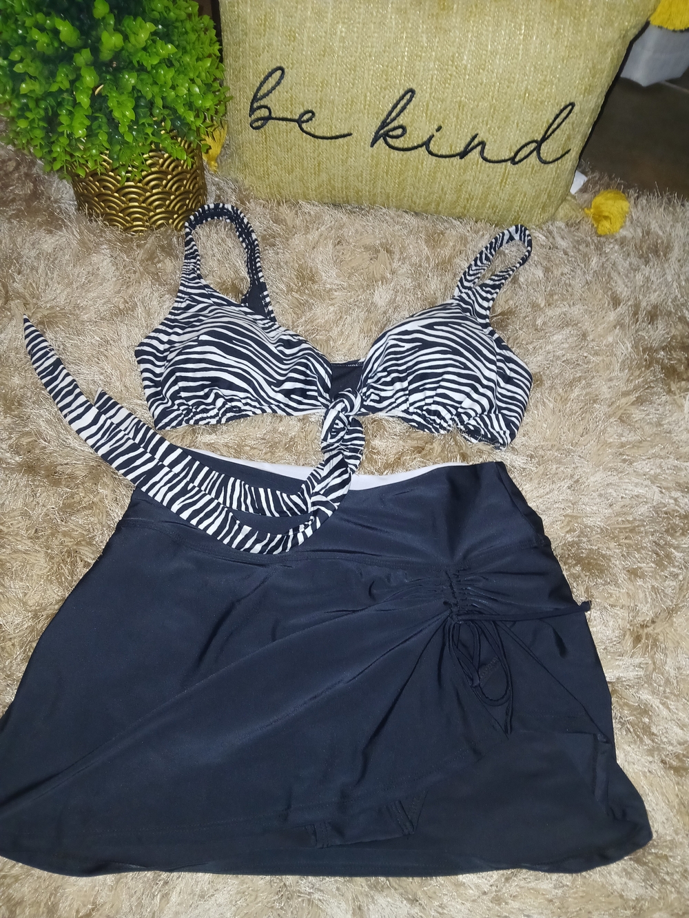 Zebra Print Tie-Front Swim Top and Black Swim Skirt